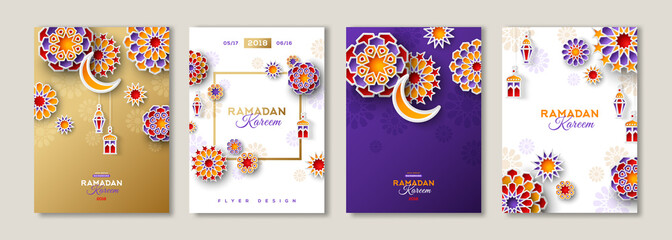 Ramadan Kareem posters set, flyer or invitation design. Vector illustration. Place for your text message. 3d paper cut islamic lanterns, stars and moon on gold and violet background.
