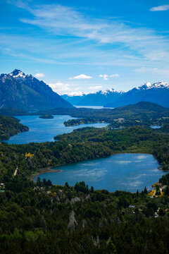 View from Villa Campanario in San Carlos de Bariloche, Patagonia, Argentina - picturesque landscape of blue water lakes and mountains, a famous tourist destination in Patagonia. 