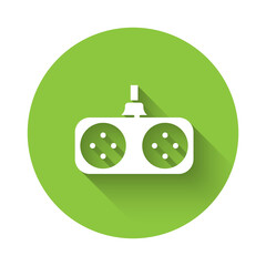 White Gamepad icon isolated with long shadow. Game controller. Green circle button. Vector Illustration