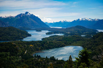 Naklejka na ściany i meble View from Villa Campanario in San Carlos de Bariloche, Patagonia, Argentina - picturesque landscape of blue water lakes and mountains, a famous tourist destination in Patagonia. 