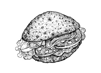 Illustration Hand Drawn Sketch of Delicious Homemade Freshly Healthy Whole Grain Bread Sandwich with Bacon, Lettuce, Tomato, Cheese and Lettuce Isolated on White Background.

