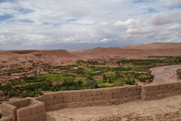 Panorama of Ait Ben Haddou, a city which was location for many movies, built of clay houses in Morocco from above