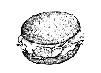 Illustration Hand Drawn Sketch of Delicious Prawn Burger or Burger Shrimp with Lettuce and Cheese on Wheat Buns.
