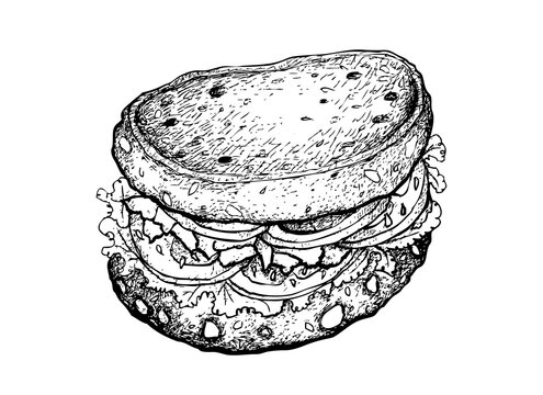 recommend clip art: Illustration Hand Drawn Sketch of Delicious Homemade Freshly Healthy Whole Grain Bread Sandwich with Bacon, Lettuce, Tomato, Cheese and Lettuce Isolated on White Background.
                    