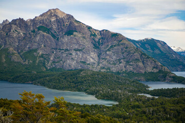 View from Villa LLao Llao in San Carlos de Bariloche, Patagonia, Argentina - picturesque landscape of blue water lakes and mountains, a famous tourist destination in Patagonia. 