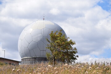 Autumnal view over the radar dome (Radom) on the Wasserkuppe in the Rhoen, Poppenhausen, Germany