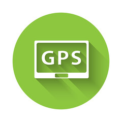 White Gps device with map icon isolated with long shadow. Green circle button. Vector Illustration