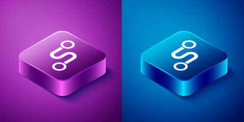 Isometric Route location icon isolated on blue and purple background. Map pointer sign. Concept of path or road. GPS navigator. Square button. Vector Illustration