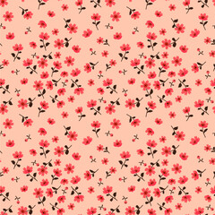 Bloemenpatroon. Mooie bloemen op koraalachtergrond. Bedrukking met kleine bloemen. Ditsy print. Naadloze vectortextuur. Lente boeket.