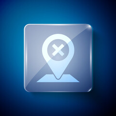 White Map pin icon isolated on blue background. Navigation, pointer, location, map, gps, direction, place, compass, search concept. Square glass panels. Vector Illustration