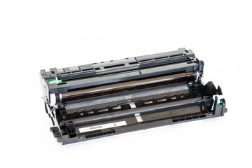 Laser printer drum and toner cartridge on white background