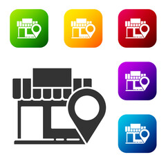 Black Location with store icon isolated on white background. Set icons in color square buttons. Vector Illustration