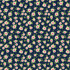 Cute floral pattern in the small flower. Ditsy print. Seamless vector texture. Elegant template for fashion prints. Printing with small white flowers. Dark blue background.