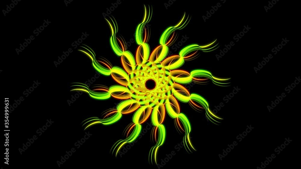 Poster abstract kaleidoscopic flower isolated on black background. animation. motion graphics with green an