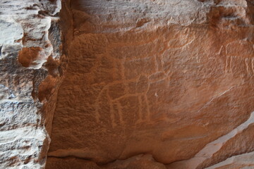 Ancient rock carvings in the sandstone of the Wadi Rum Desert, Jordan