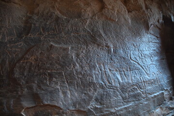 Ancient rock carvings in the sandstone of the Wadi Rum Desert, Jordan