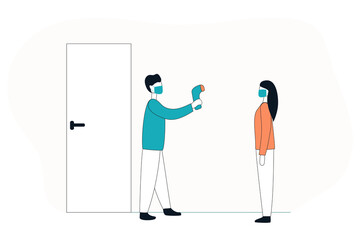 Checking temperature with a non-contact thermometer. Coronavirus pandemic. Vector flat illustration.