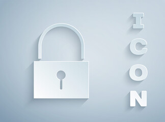 Paper cut Lock icon isolated on grey background. Padlock sign. Security, safety, protection, privacy concept. Paper art style. Vector Illustration
