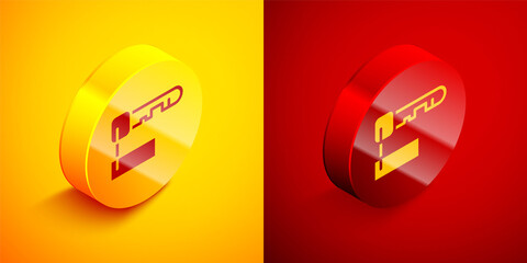 Isometric Marked key icon isolated on orange and red background. Circle button. Vector Illustration