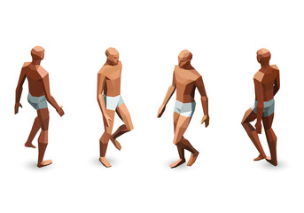 Vector isometric set of low poly man figure walking poses, naked body 