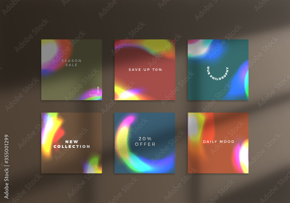 Poster Vector Social Media Post Design with Transparent Colorful Bokeh Effect. Abstract Blurred Rainbow Elements.