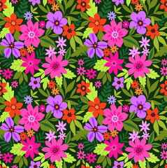 Trendy seamless vector floral pattern. Endless print made of small colorful flowers, leaves and berries. Summer and spring motifs. Dark green background.Vector illustration.