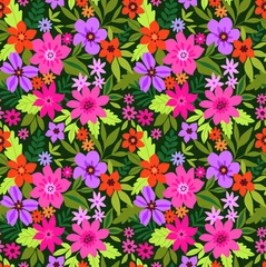 Poster Trendy seamless vector floral pattern. Endless print made of small colorful flowers, leaves and berries. Summer and spring motifs. Dark green background.Vector illustration. © ann_and_pen