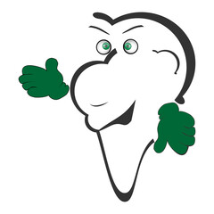 Fantasy cartoon green character with a big nose, green eyes and hands. Positive creature for comics.