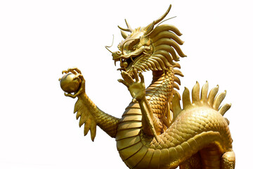 Chinese golden dragon isolated on white background. Golden traditional chinese dragon isolated on white background. Feng Shui statuette. - obrazy, fototapety, plakaty