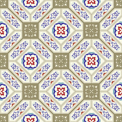 Seamless colorful patchwork in turkish style. Islam, Arabic, Indian, ottoman motifs. Endless pattern can be used for ceramic tile, wallpaper, linoleum, textile, web page background. Vector hand drawn.