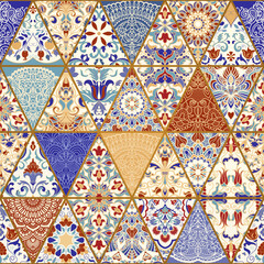 Image of Azulejos tiles patchwork. Seamless colorful patchwork. Hand drawn seamless abstract pattern from mandalas. Majolica pottery tile, blue, ryellow azulejo. Original traditional Portuguese and Spain decor printed on Printed Glass Splashbacks