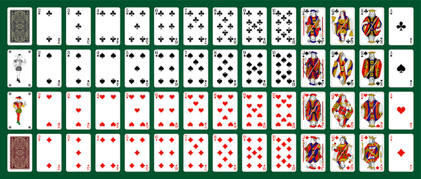 Poker set with isolated cards on green background. Poker playing cards, full deck.