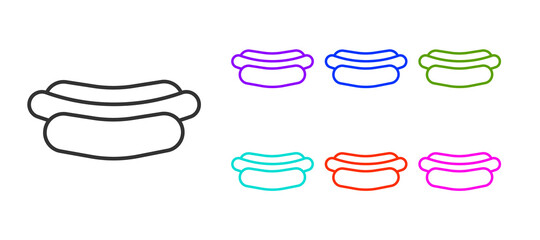 Black line Hotdog sandwich icon isolated on white background. Sausage icon. Fast food sign. Set icons colorful. Vector Illustration