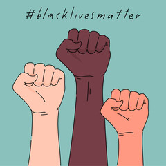 Black lives matter poster card banner. Hashtag blm stylised design. Black and white strong fists rised together concept. Campaign against racial discrimination of dark skin color. Vector Illustration - 355003646