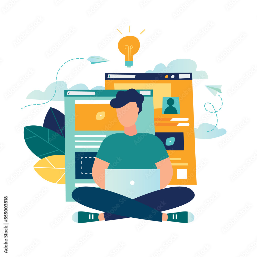 Poster vector creative illustration of business graphics, designer freelancer conducts site analytics. and 
