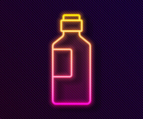 Glowing neon line Bottle of water icon isolated on black background. Soda aqua drink sign. Vector Illustration