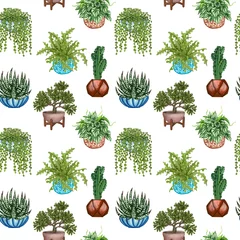  Aquarel naadloze patroon van verschillende kamerplanten. Hand getekende groene kamerplanten in bloempotten. Decoratieve groene achtergrond perfect voor stof textiel, scrapbooking of inpakpapier. © BarvArt