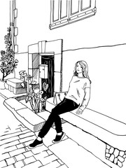 Young pretty girl traveler resting on an old stone bench. Nice street of old Provence. France. Hand drawn sketch. Line art. Black and white vector illustration.
