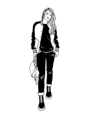 Business woman, Young walking girl, hand drawn sketch, Black and white line art, full body girl, girl dressed in a jacket and jeans, casual style. Vector illustration on white.