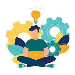 vector illustration of man online assistant at work. promotion in the network. manager at a remote job
