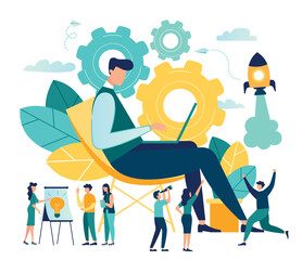 Vector creative illustration of business graphic, company is engaged in joint construction of column graphs, rise career to success, abstract head of person filled with ideas thoughts and analytics