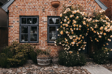 Brick house with yellow rose entrance