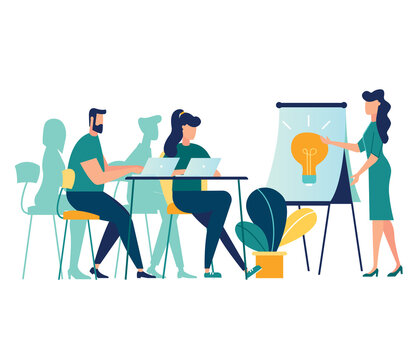 vector illustration. meetings business training, design composition market analysis creative solution. professional development of employees 