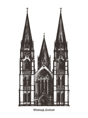 St Mary's Cathedral - famous landmark of Edinburgh, Scotland. Hand drawn outline vector illustration
