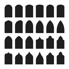 Architectural type of arches shapes and forms. Traditional western and Islamic culture design. Arch, door and window design big collection. Vector silhouette isolated on white background