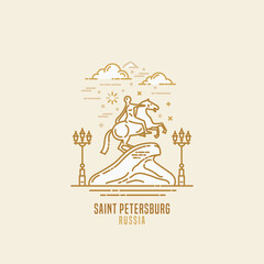 Bronze Horseman or copper horseman - famous landmark of Saint-Petersburg, Russia.An equestrian statue of Peter the Great - a Tzar of Russia . City sight vector icon in simple thin line art style