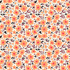 Floral pattern. Pretty flowers on white background. Printing with small coral flowers. Ditsy print. Seamless vector texture. Spring bouquet.