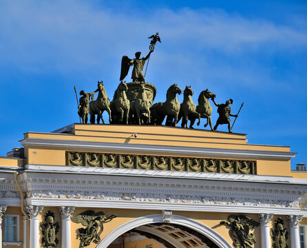 Sculptural group on Arch of General Staff Building on Palace Square, Saint Petersburg, Russia - triumphal chariot drawn by six horses with the victory goddess Nika with a laurel wreath in hand