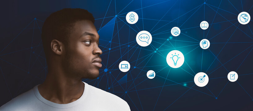 Half-turned close up portrait of confident african american man looking at abstract icons - Powered by Adobe