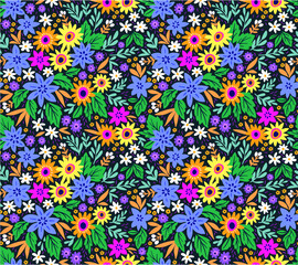 Fototapeta na wymiar Trendy seamless vector floral pattern. Endless print made of small multicolored flowers, leaves and berries. Summer and spring motifs. Dark blue background. Vector illustration.